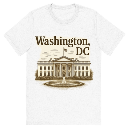 Front view of a Premium Tri-Blend Crew Neck T-Shirt in Solid White showing 'A typographic, nostalgic graphic of a typographic illustration of the words 'washington, dc' with a vintage line art drawing of the the white house'
