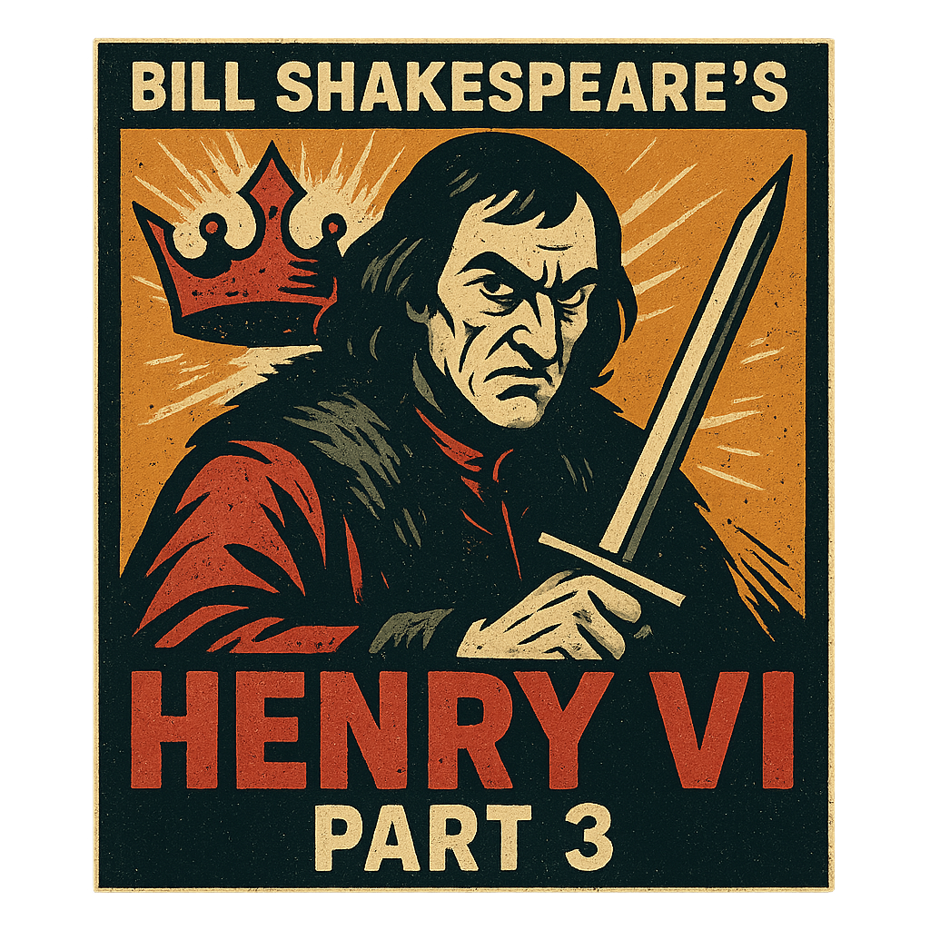 A retro, edgy graphic of a visual representation of a key theme and character from william shakespeare's henry vi, part 3 – a t-shirt design