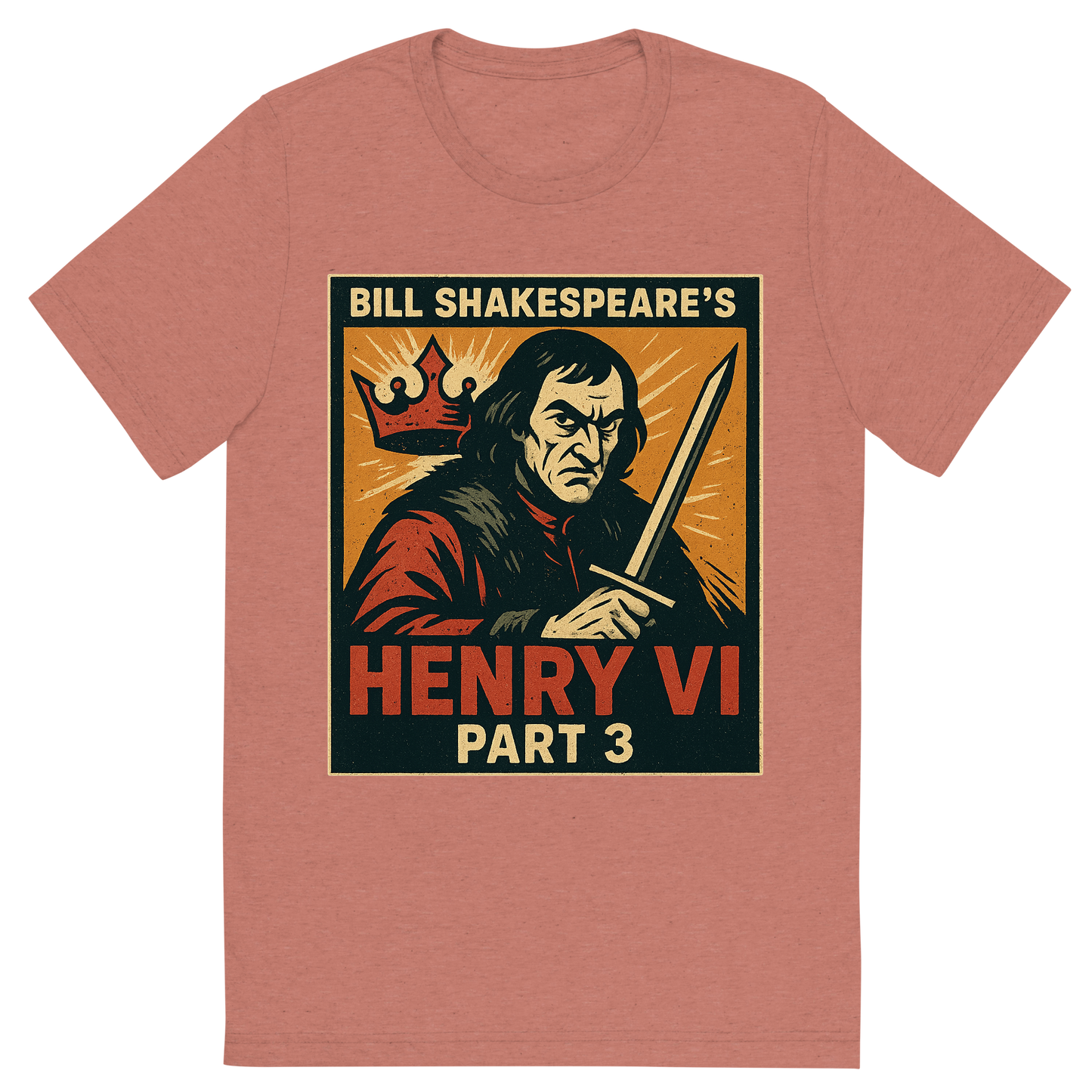 Front view of a Premium Tri-Blend Crew Neck T-Shirt in Mauve showing 'A retro, edgy graphic of a visual representation of a key theme and character from william shakespeare's henry vi, part 3'