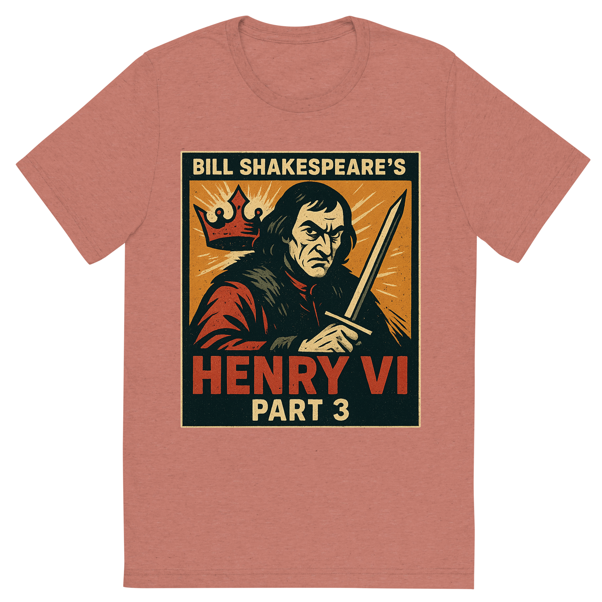 Front view of a Premium Tri-Blend Crew Neck T-Shirt in Mauve showing 'A retro, edgy graphic of a visual representation of a key theme and character from william shakespeare's henry vi, part 3'