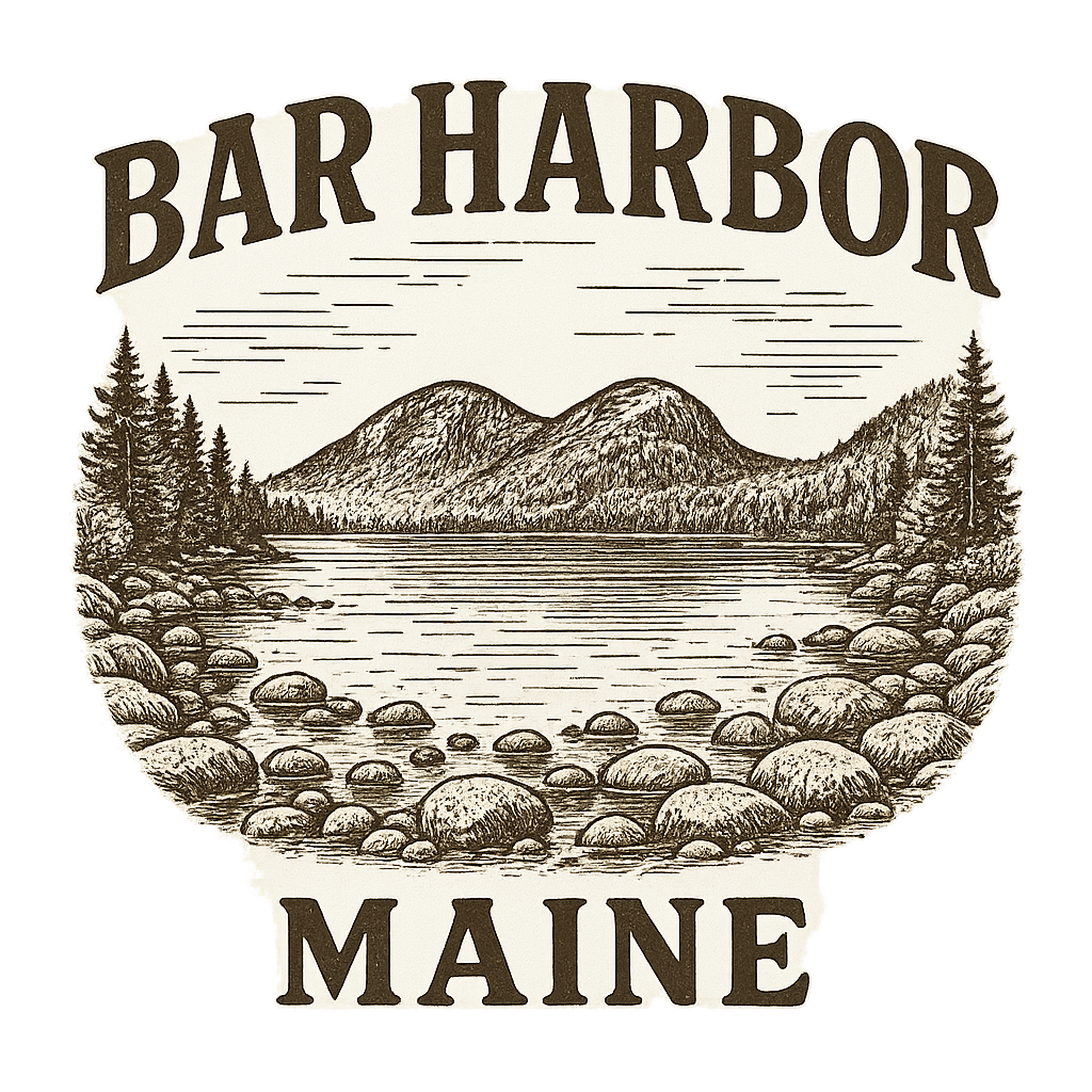 A typographic, nostalgic graphic of a typographic illustration of the words 'bar harbor, maine' with a vintage line art drawing of jordan pond – a t-shirt design