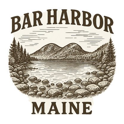 A typographic, nostalgic graphic of a typographic illustration of the words 'bar harbor, maine' with a vintage line art drawing of jordan pond – a t-shirt design