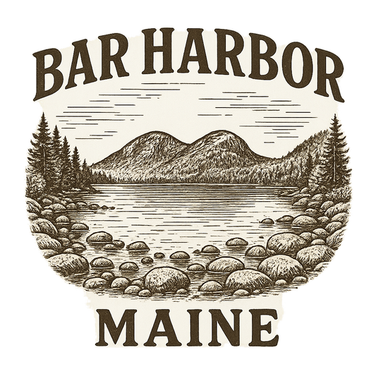 A typographic, nostalgic graphic of a typographic illustration of the words 'bar harbor, maine' with a vintage line art drawing of jordan pond – a t-shirt design