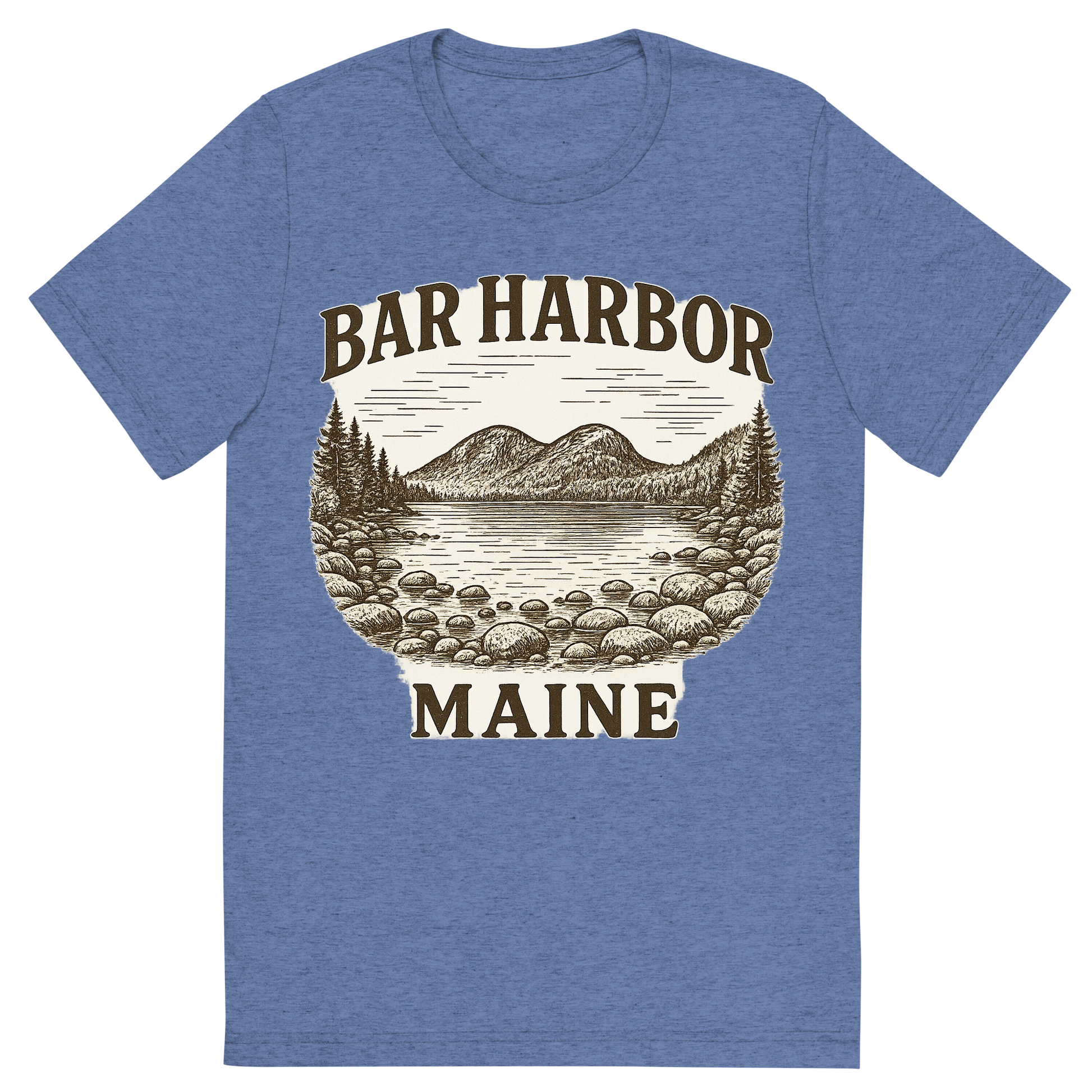 Front view of a Premium Tri-Blend Crew Neck T-Shirt in Blue showing 'A typographic, nostalgic graphic of a typographic illustration of the words 'bar harbor, maine' with a vintage line art drawing of jordan pond'