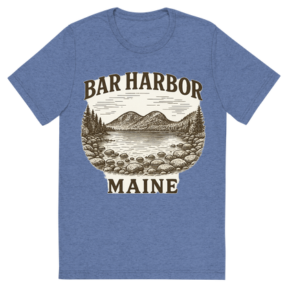 Front view of a Premium Tri-Blend Crew Neck T-Shirt in Blue showing 'A typographic, nostalgic graphic of a typographic illustration of the words 'bar harbor, maine' with a vintage line art drawing of jordan pond'