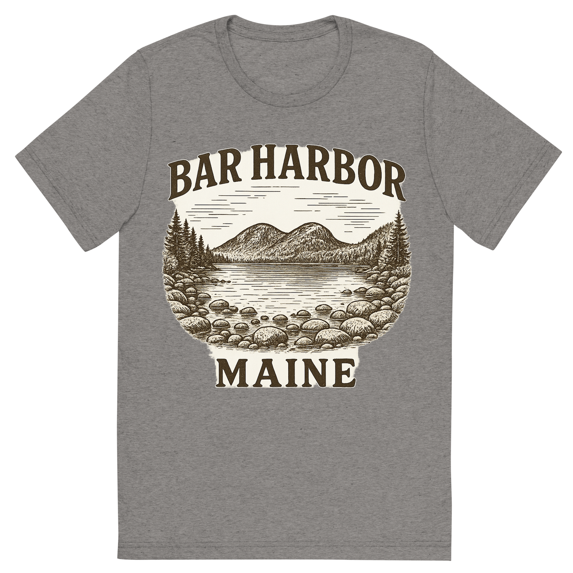 Front view of a Premium Tri-Blend Crew Neck T-Shirt in Grey showing 'A typographic, nostalgic graphic of a typographic illustration of the words 'bar harbor, maine' with a vintage line art drawing of jordan pond'