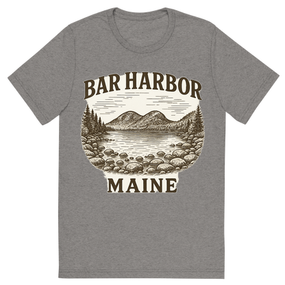 Front view of a Premium Tri-Blend Crew Neck T-Shirt in Grey showing 'A typographic, nostalgic graphic of a typographic illustration of the words 'bar harbor, maine' with a vintage line art drawing of jordan pond'