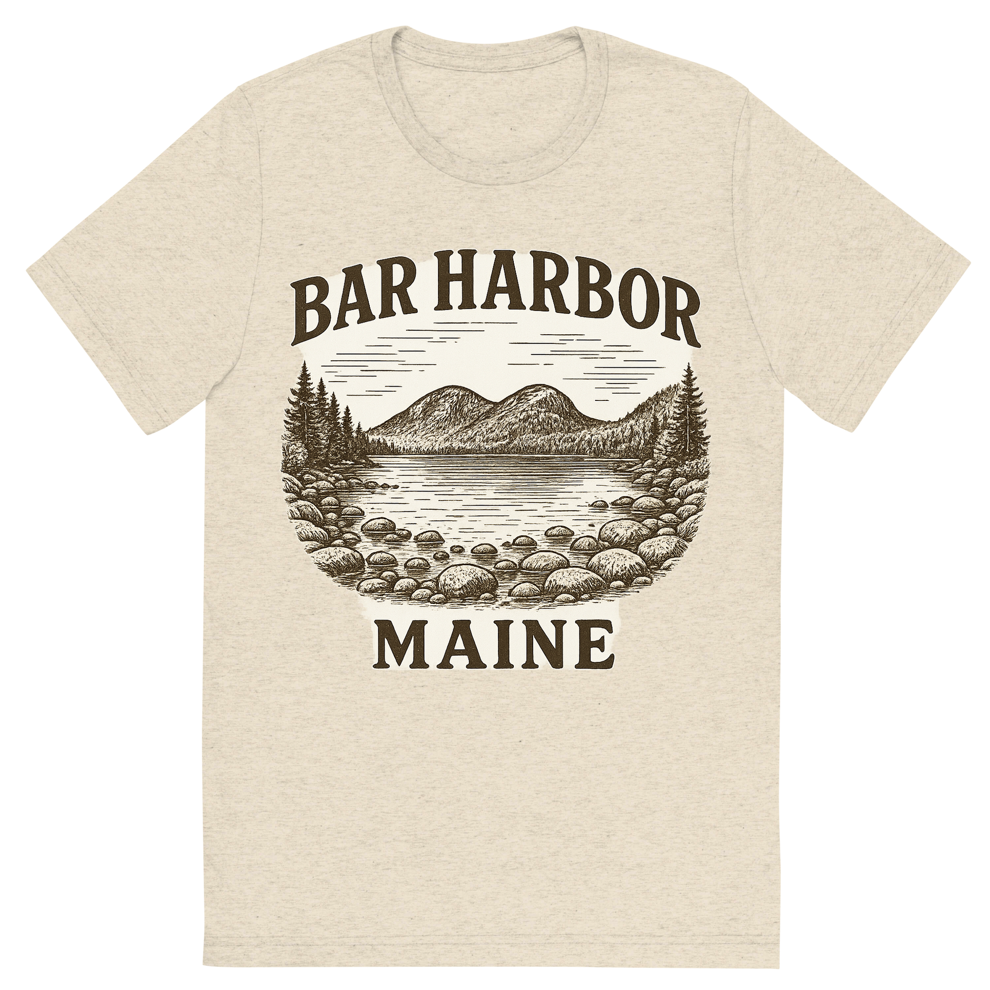 Front view of a Premium Tri-Blend Crew Neck T-Shirt in Oatmeal showing 'A typographic, nostalgic graphic of a typographic illustration of the words 'bar harbor, maine' with a vintage line art drawing of jordan pond'