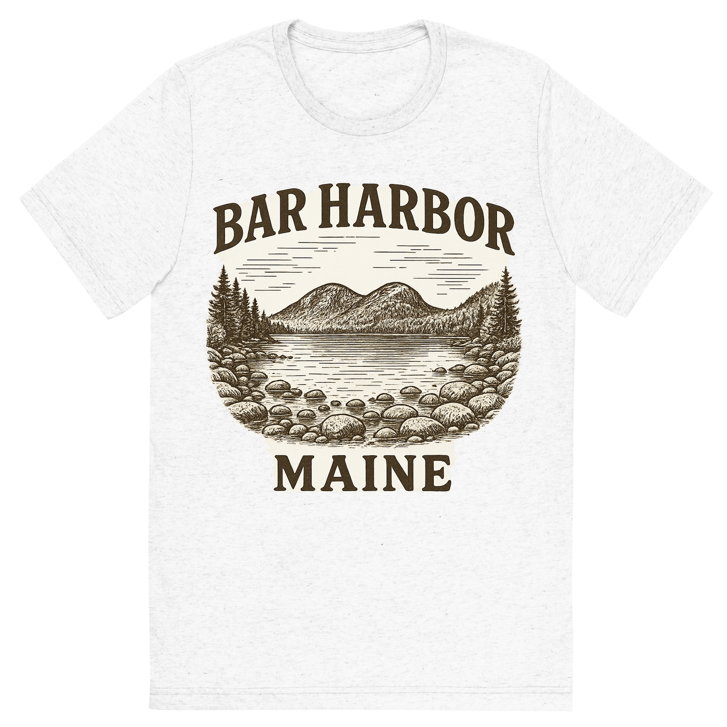 Front view of a Premium Tri-Blend Crew Neck T-Shirt in Solid White showing 'A typographic, nostalgic graphic of a typographic illustration of the words 'bar harbor, maine' with a vintage line art drawing of jordan pond'