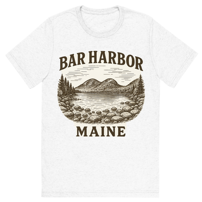 Front view of a Premium Tri-Blend Crew Neck T-Shirt in Solid White showing 'A typographic, nostalgic graphic of a typographic illustration of the words 'bar harbor, maine' with a vintage line art drawing of jordan pond'