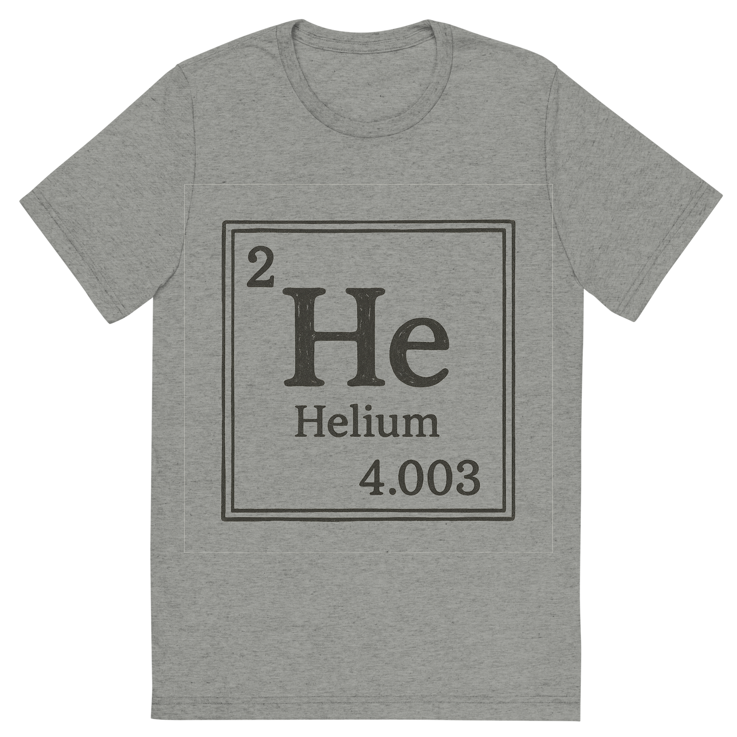 Front view of a Premium Tri-Blend Crew Neck T-Shirt in Athletic Grey showing 'A line art, nostalgic graphic of helium's entry on the periodic table, use a dark color for the lines and text'