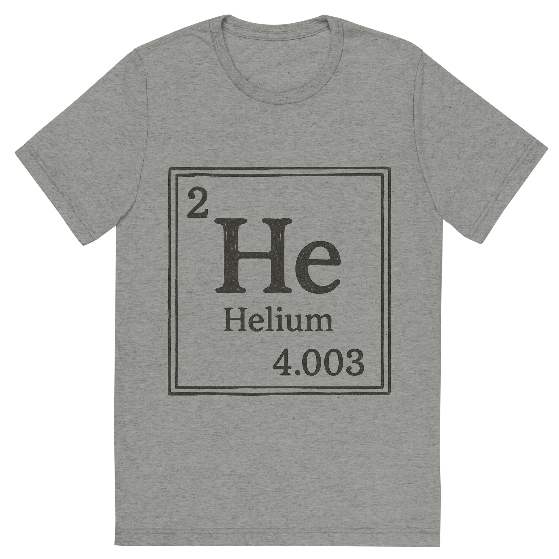 Front view of a Premium Tri-Blend Crew Neck T-Shirt in Athletic Grey showing 'A line art, nostalgic graphic of helium's entry on the periodic table, use a dark color for the lines and text'