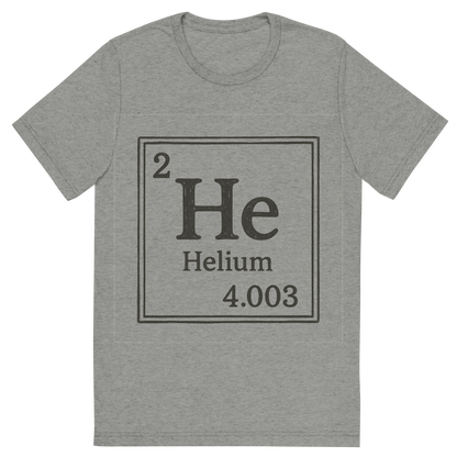 Front view of a Premium Tri-Blend Crew Neck T-Shirt in Athletic Grey showing 'A line art, nostalgic graphic of helium's entry on the periodic table, use a dark color for the lines and text'