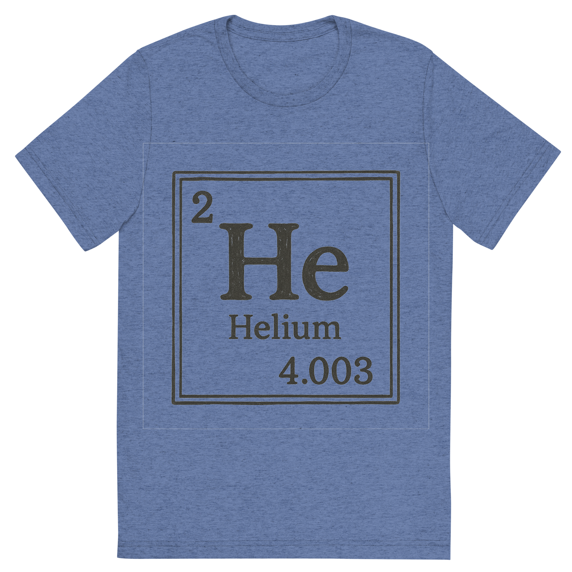 Front view of a Premium Tri-Blend Crew Neck T-Shirt in Blue showing 'A line art, nostalgic graphic of helium's entry on the periodic table, use a dark color for the lines and text'