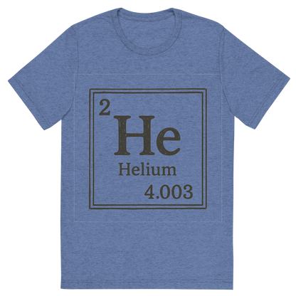 Front view of a Premium Tri-Blend Crew Neck T-Shirt in Blue showing 'A line art, nostalgic graphic of helium's entry on the periodic table, use a dark color for the lines and text'