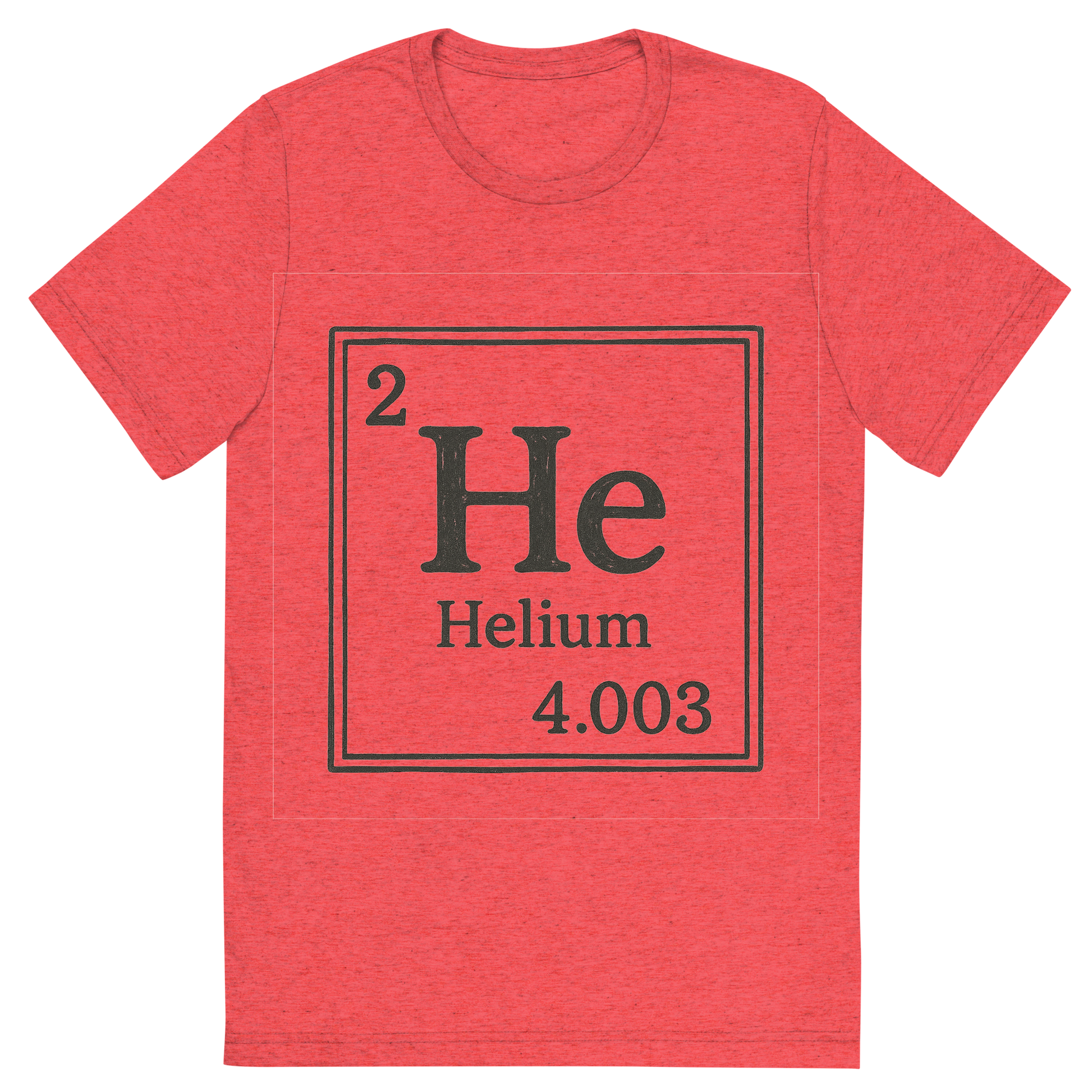 Front view of a Premium Tri-Blend Crew Neck T-Shirt in Red showing 'A line art, nostalgic graphic of helium's entry on the periodic table, use a dark color for the lines and text'