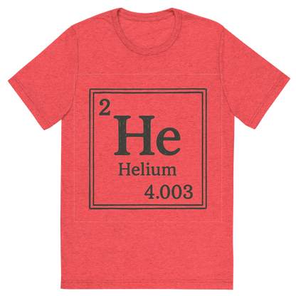 Front view of a Premium Tri-Blend Crew Neck T-Shirt in Red showing 'A line art, nostalgic graphic of helium's entry on the periodic table, use a dark color for the lines and text'