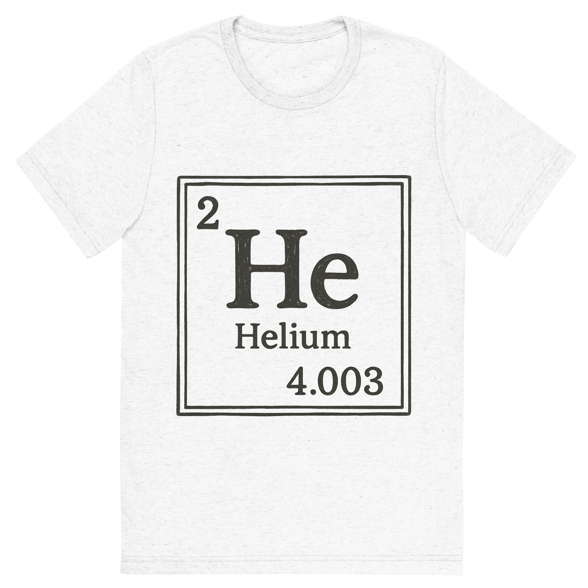 Front view of a Premium Tri-Blend Crew Neck T-Shirt in Solid White showing 'A line art, nostalgic graphic of helium's entry on the periodic table, use a dark color for the lines and text'