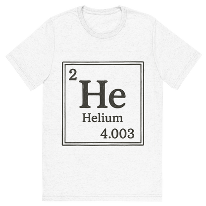 Front view of a Premium Tri-Blend Crew Neck T-Shirt in Solid White showing 'A line art, nostalgic graphic of helium's entry on the periodic table, use a dark color for the lines and text'