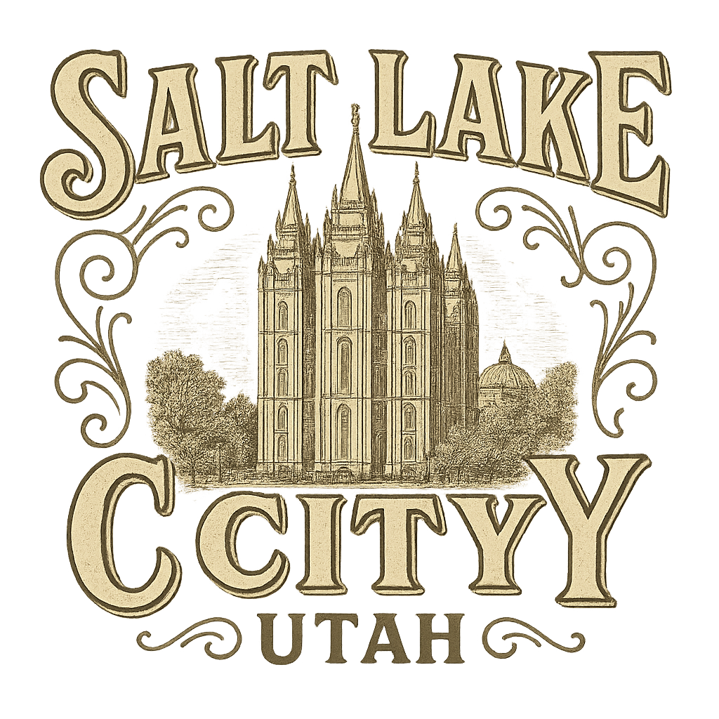 A typographic, nostalgic graphic of a typographic illustration of the words 'salt lake city, utah' with a vintage line art drawing of the temple square – a t-shirt design