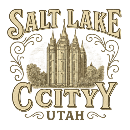 A typographic, nostalgic graphic of a typographic illustration of the words 'salt lake city, utah' with a vintage line art drawing of the temple square – a t-shirt design