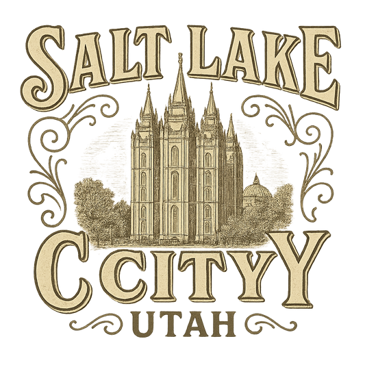A typographic, nostalgic graphic of a typographic illustration of the words 'salt lake city, utah' with a vintage line art drawing of the temple square – a t-shirt design