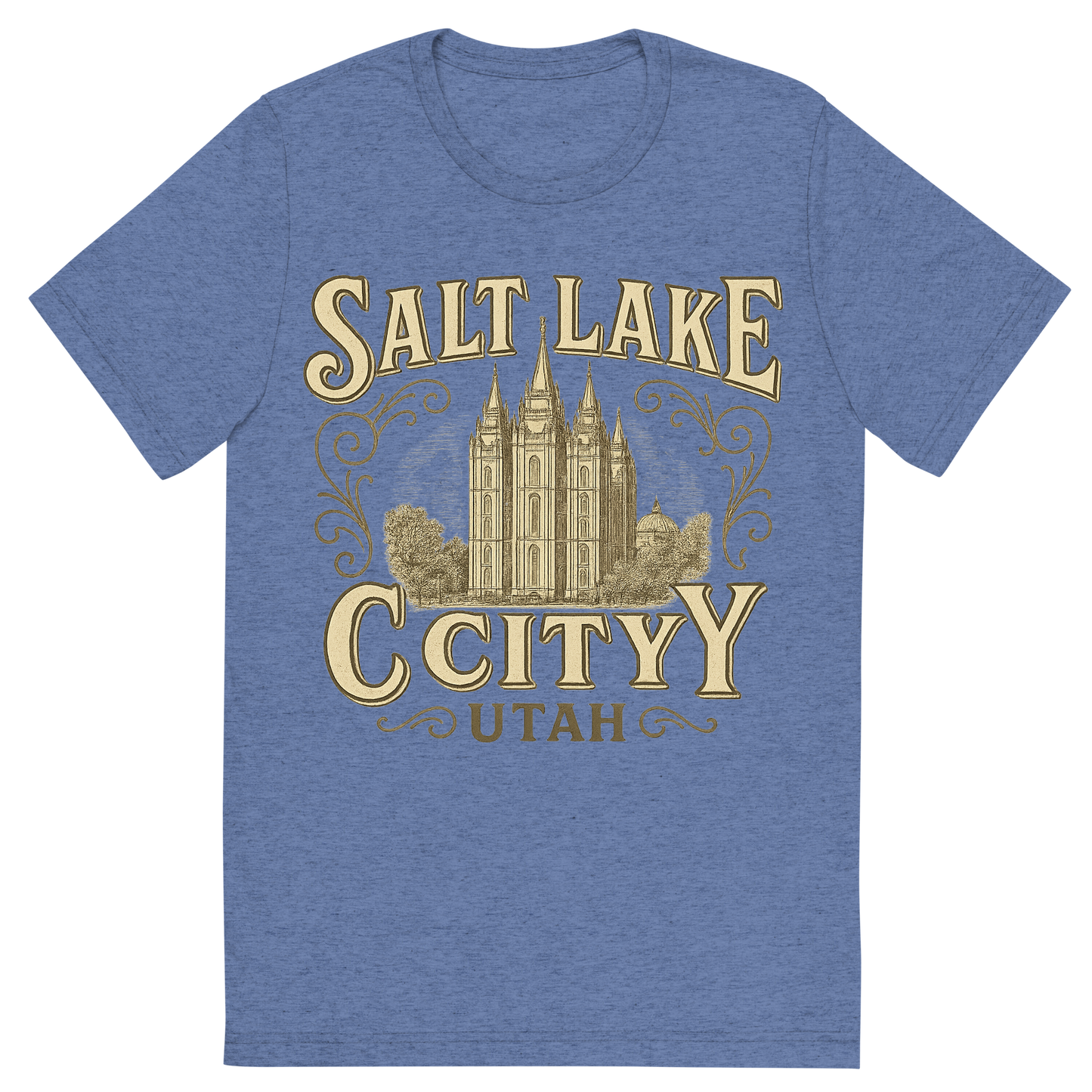 Front view of a Premium Tri-Blend Crew Neck T-Shirt in Blue showing 'A typographic, nostalgic graphic of a typographic illustration of the words 'salt lake city, utah' with a vintage line art drawing of the temple square'