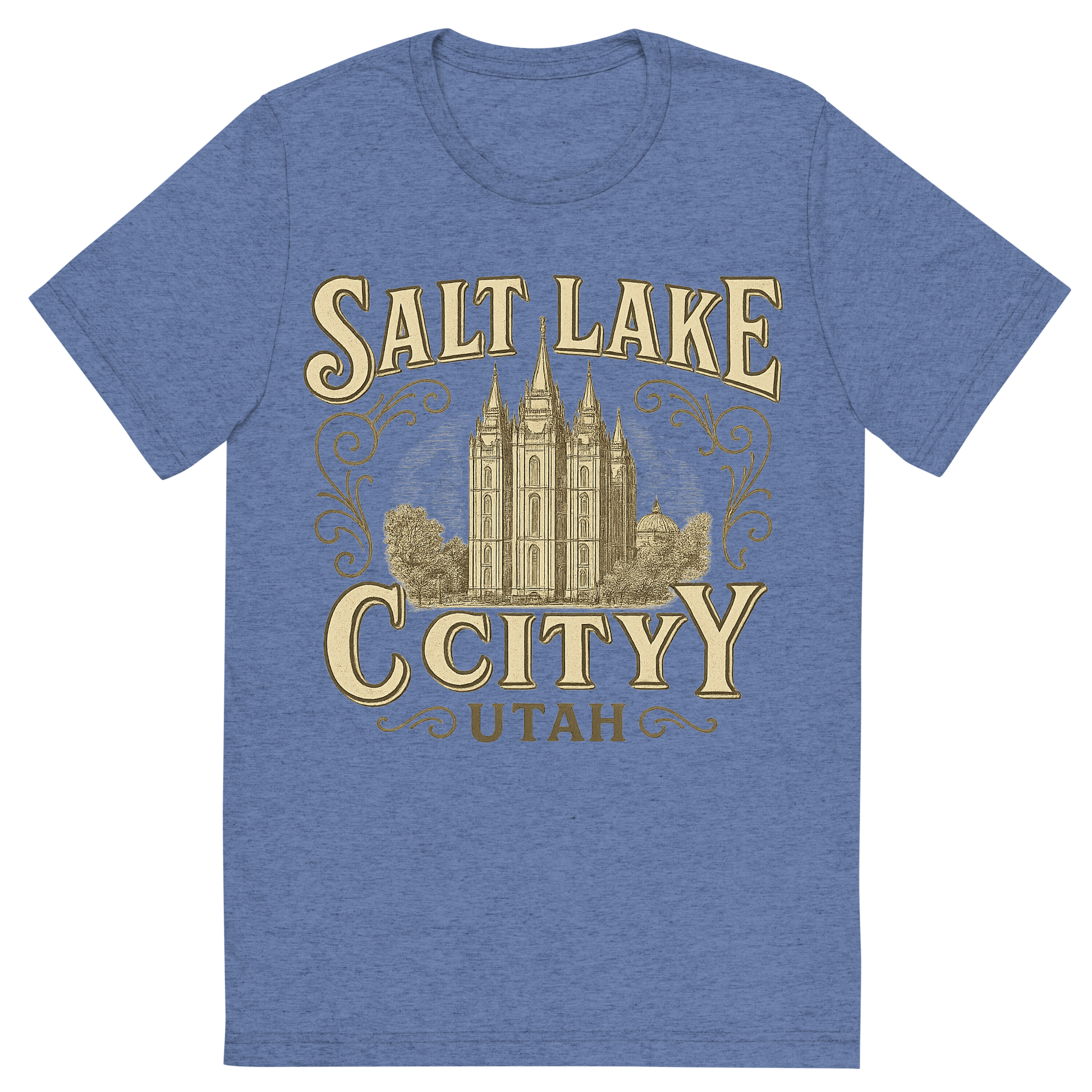 Front view of a Premium Tri-Blend Crew Neck T-Shirt in Blue showing 'A typographic, nostalgic graphic of a typographic illustration of the words 'salt lake city, utah' with a vintage line art drawing of the temple square'