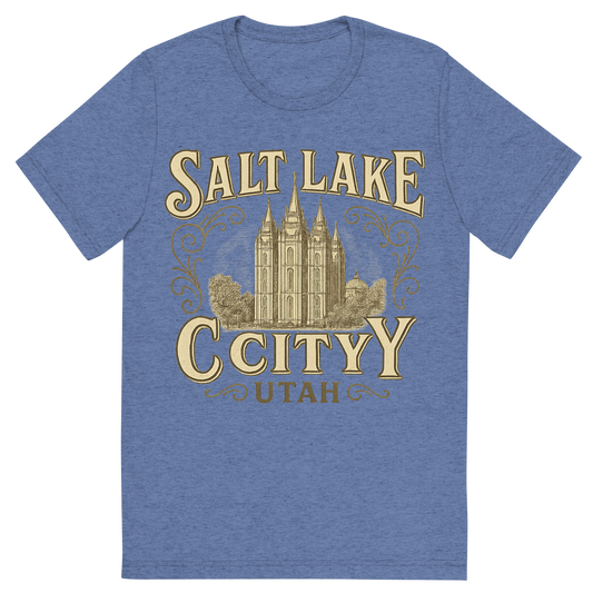 Front view of a Premium Tri-Blend Crew Neck T-Shirt in Blue showing 'A typographic, nostalgic graphic of a typographic illustration of the words 'salt lake city, utah' with a vintage line art drawing of the temple square'