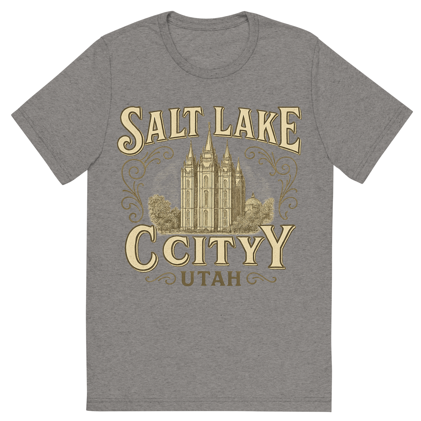 Front view of a Premium Tri-Blend Crew Neck T-Shirt in Grey showing 'A typographic, nostalgic graphic of a typographic illustration of the words 'salt lake city, utah' with a vintage line art drawing of the temple square'