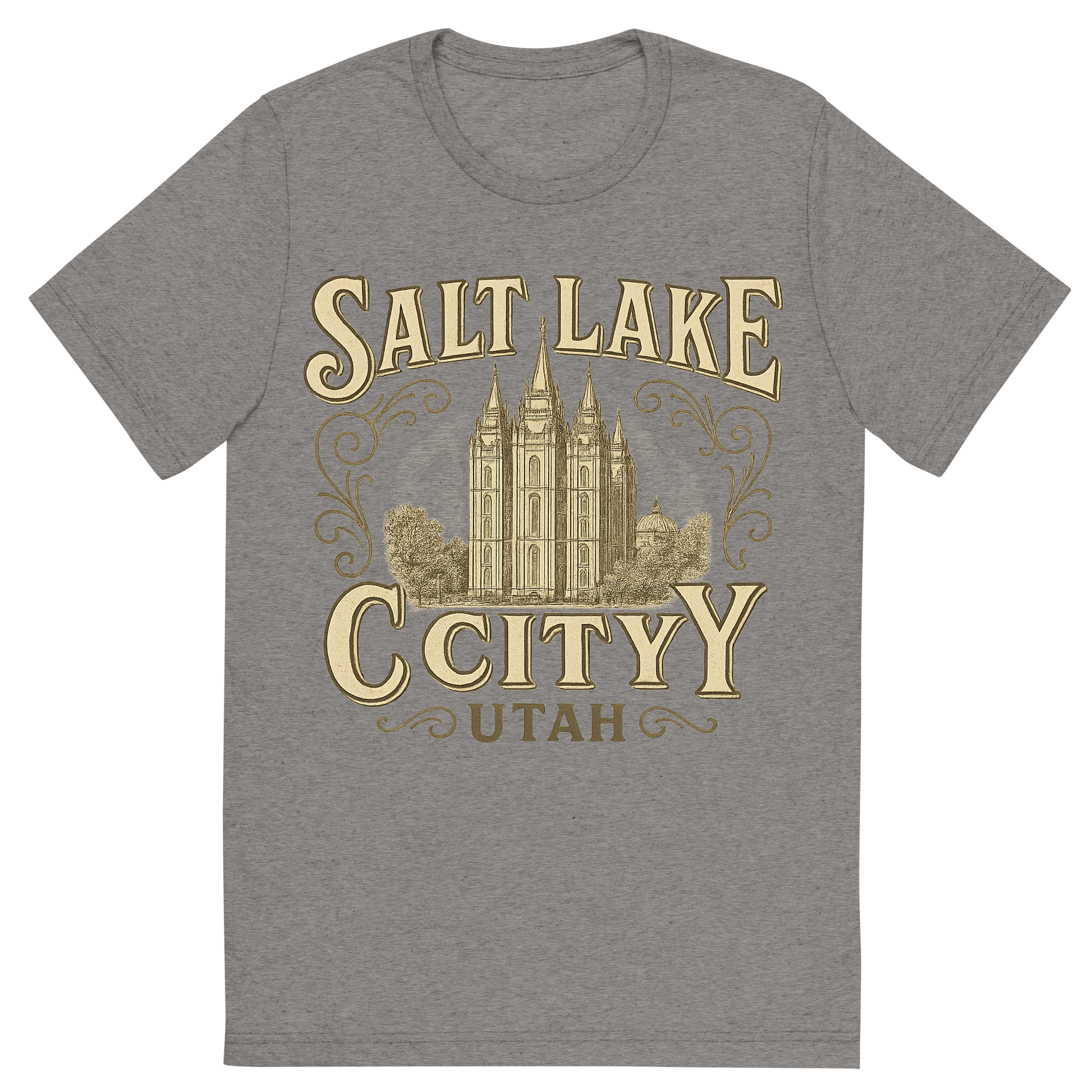 Front view of a Premium Tri-Blend Crew Neck T-Shirt in Grey showing 'A typographic, nostalgic graphic of a typographic illustration of the words 'salt lake city, utah' with a vintage line art drawing of the temple square'