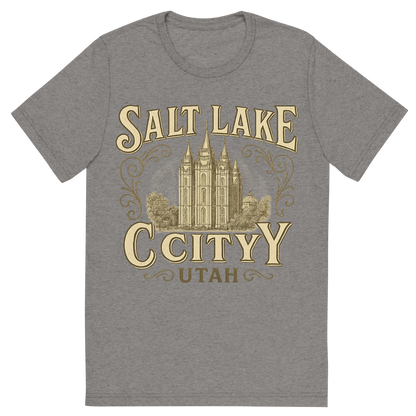 Front view of a Premium Tri-Blend Crew Neck T-Shirt in Grey showing 'A typographic, nostalgic graphic of a typographic illustration of the words 'salt lake city, utah' with a vintage line art drawing of the temple square'