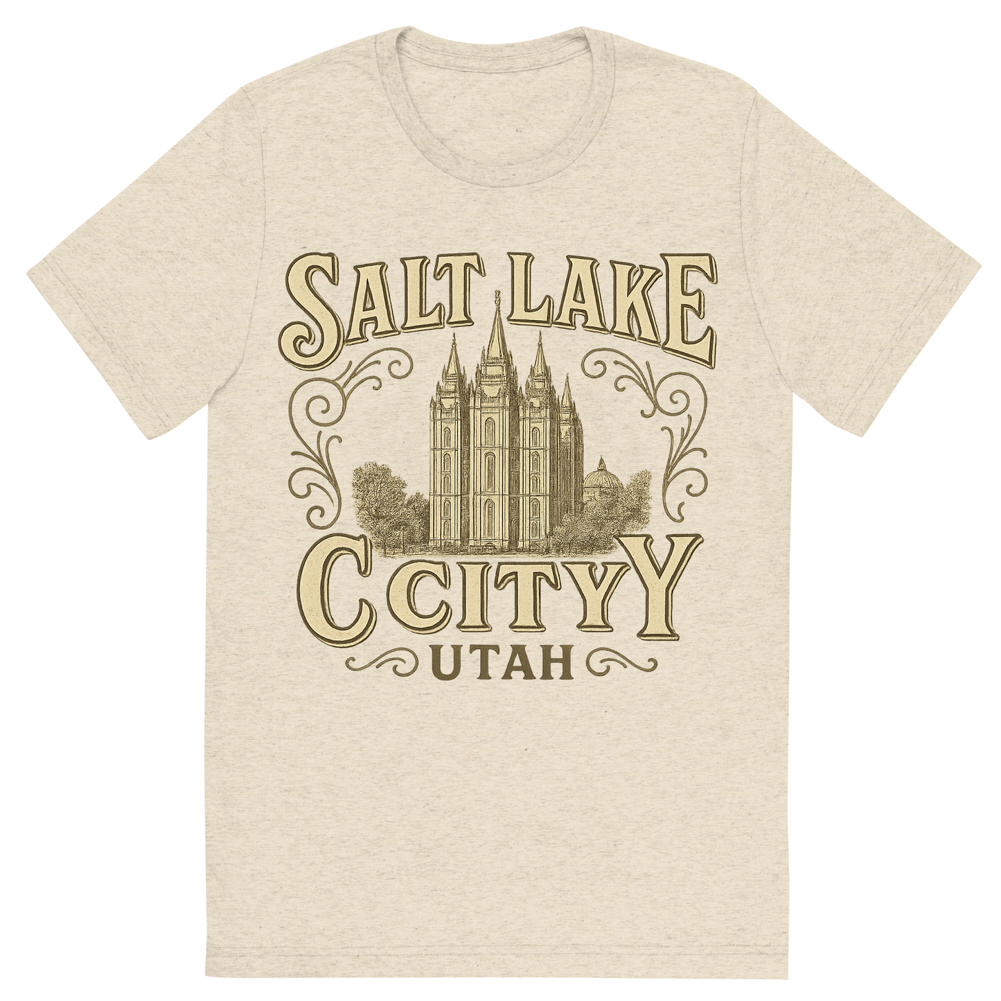 Front view of a Premium Tri-Blend Crew Neck T-Shirt in Oatmeal showing 'A typographic, nostalgic graphic of a typographic illustration of the words 'salt lake city, utah' with a vintage line art drawing of the temple square'
