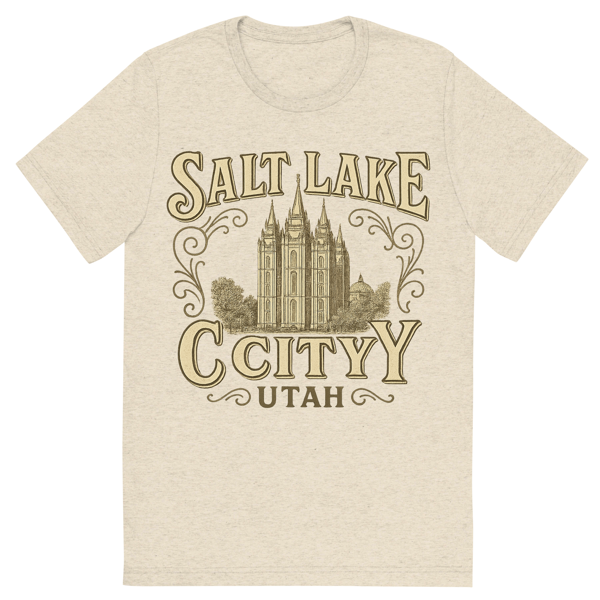 Front view of a Premium Tri-Blend Crew Neck T-Shirt in Oatmeal showing 'A typographic, nostalgic graphic of a typographic illustration of the words 'salt lake city, utah' with a vintage line art drawing of the temple square'