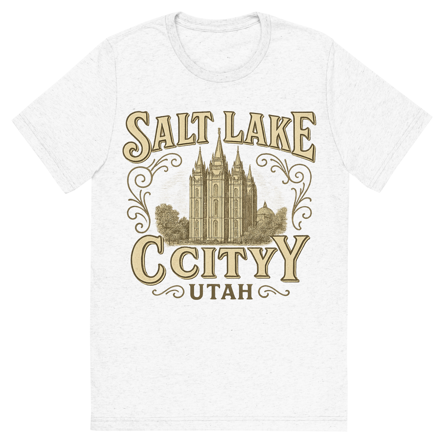 Front view of a Premium Tri-Blend Crew Neck T-Shirt in Solid White showing 'A typographic, nostalgic graphic of a typographic illustration of the words 'salt lake city, utah' with a vintage line art drawing of the temple square'