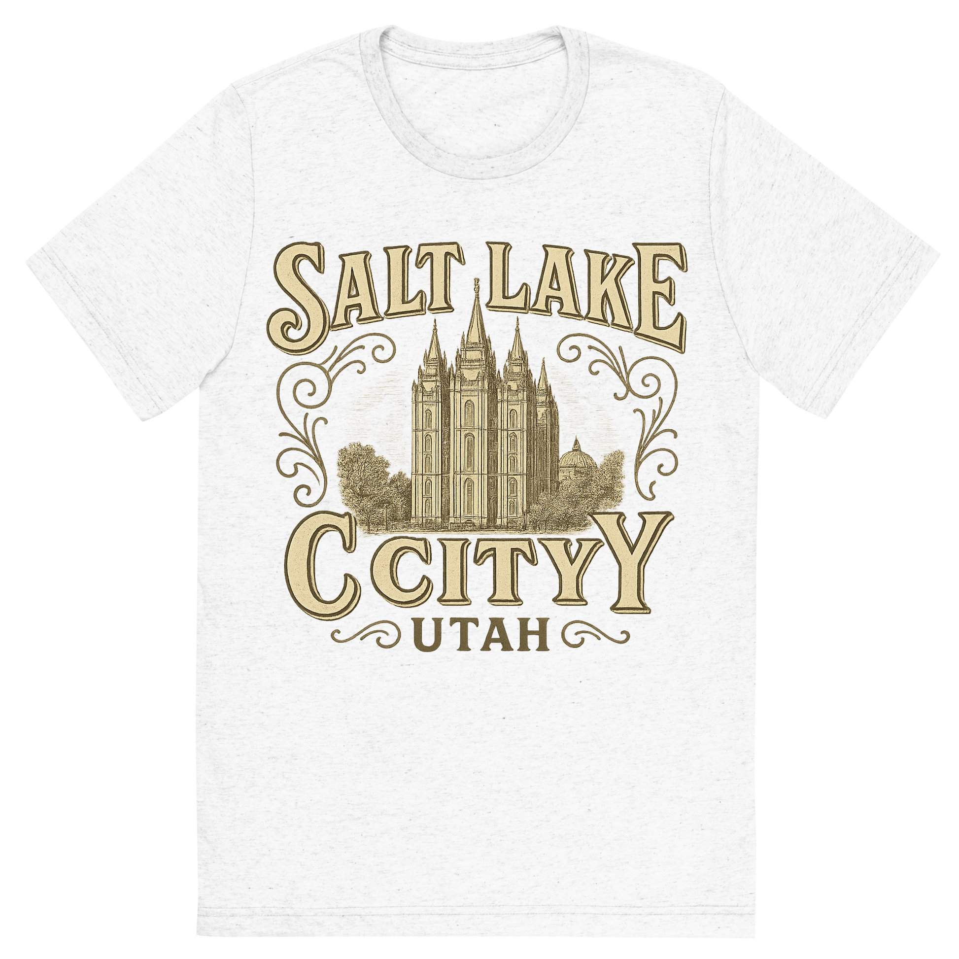 Front view of a Premium Tri-Blend Crew Neck T-Shirt in Solid White showing 'A typographic, nostalgic graphic of a typographic illustration of the words 'salt lake city, utah' with a vintage line art drawing of the temple square'