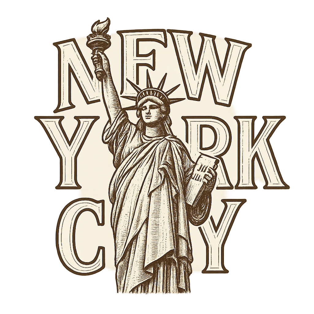 A typographic, nostalgic graphic of a typographic illustration of the words 'new york city' with a vintage line art drawing of the statue of liberty – a t-shirt design