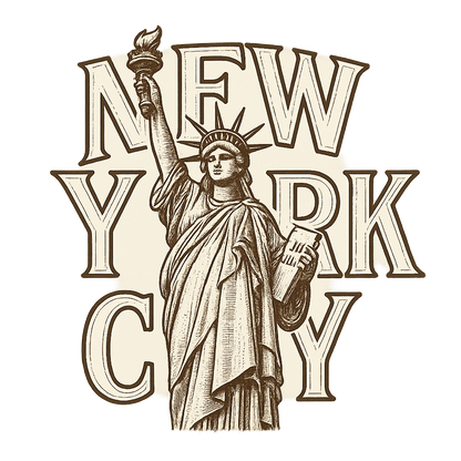 A typographic, nostalgic graphic of a typographic illustration of the words 'new york city' with a vintage line art drawing of the statue of liberty – a t-shirt design