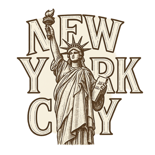 A typographic, nostalgic graphic of a typographic illustration of the words 'new york city' with a vintage line art drawing of the statue of liberty – a t-shirt design