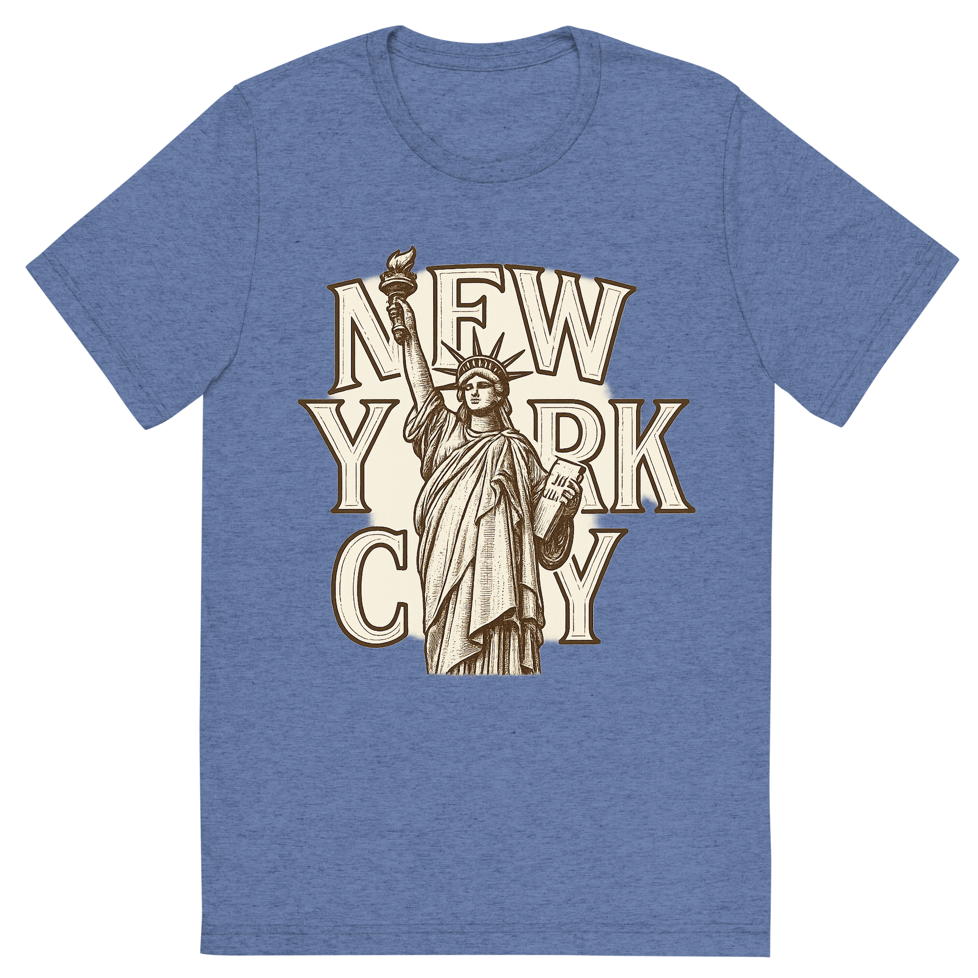 Front view of a Premium Tri-Blend Crew Neck T-Shirt in Blue showing 'A typographic, nostalgic graphic of a typographic illustration of the words 'new york city' with a vintage line art drawing of the statue of liberty'