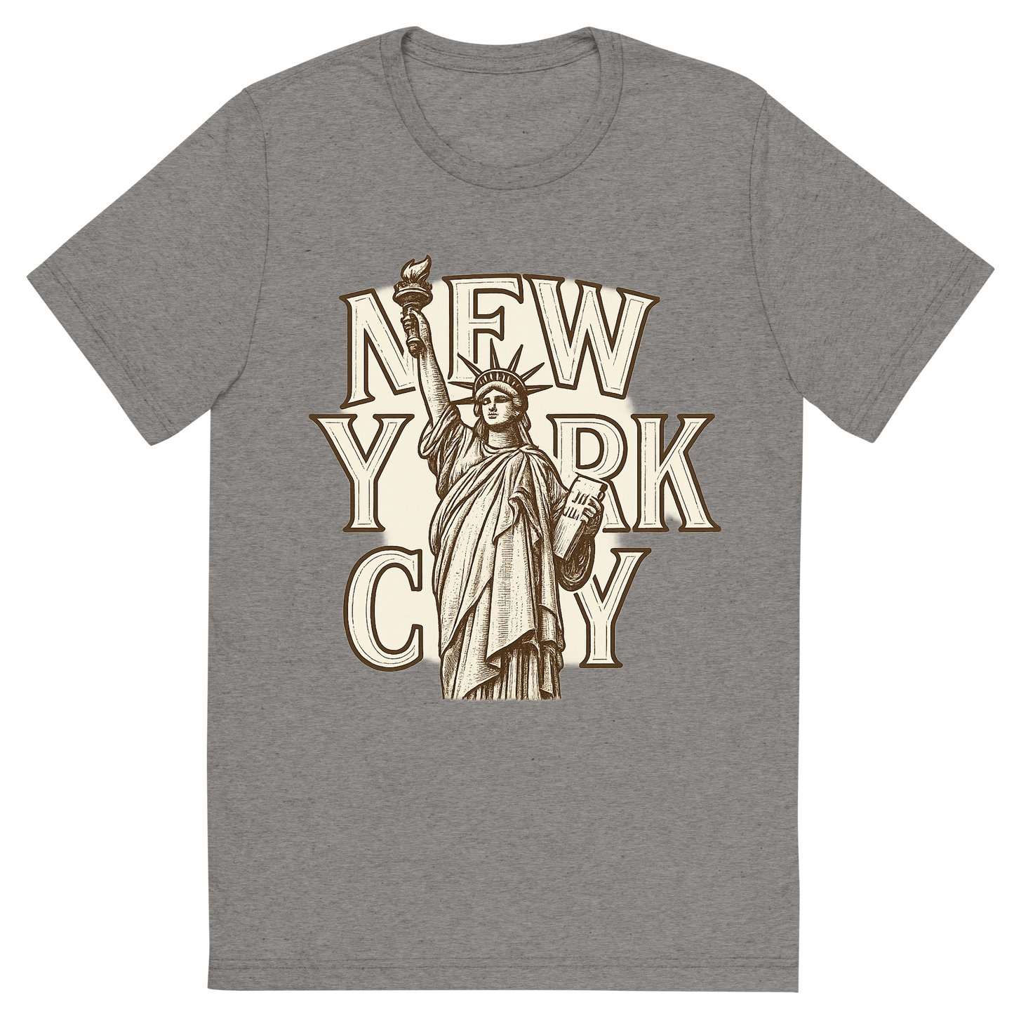 Front view of a Premium Tri-Blend Crew Neck T-Shirt in Grey showing 'A typographic, nostalgic graphic of a typographic illustration of the words 'new york city' with a vintage line art drawing of the statue of liberty'