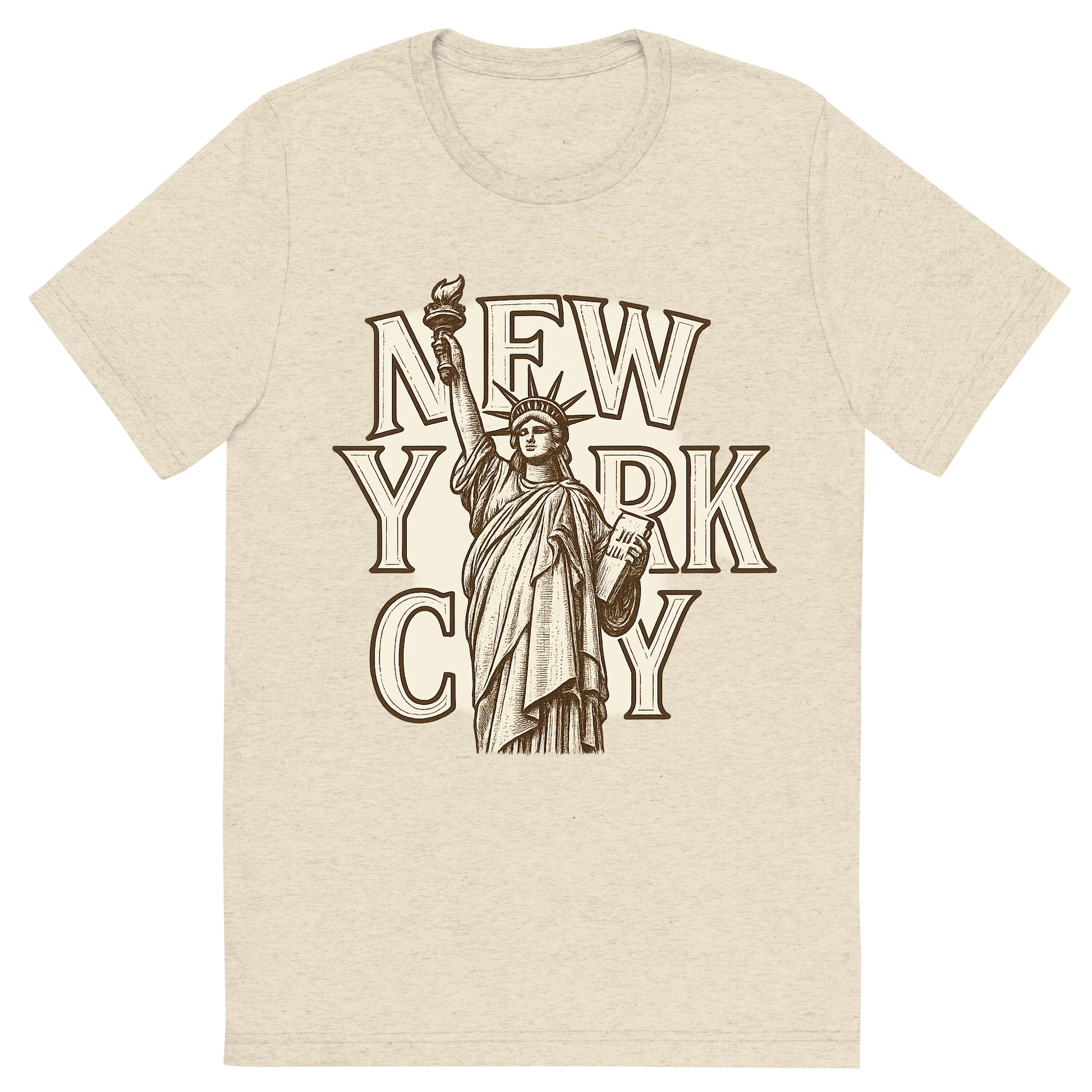 Front view of a Premium Tri-Blend Crew Neck T-Shirt in Oatmeal showing 'A typographic, nostalgic graphic of a typographic illustration of the words 'new york city' with a vintage line art drawing of the statue of liberty'