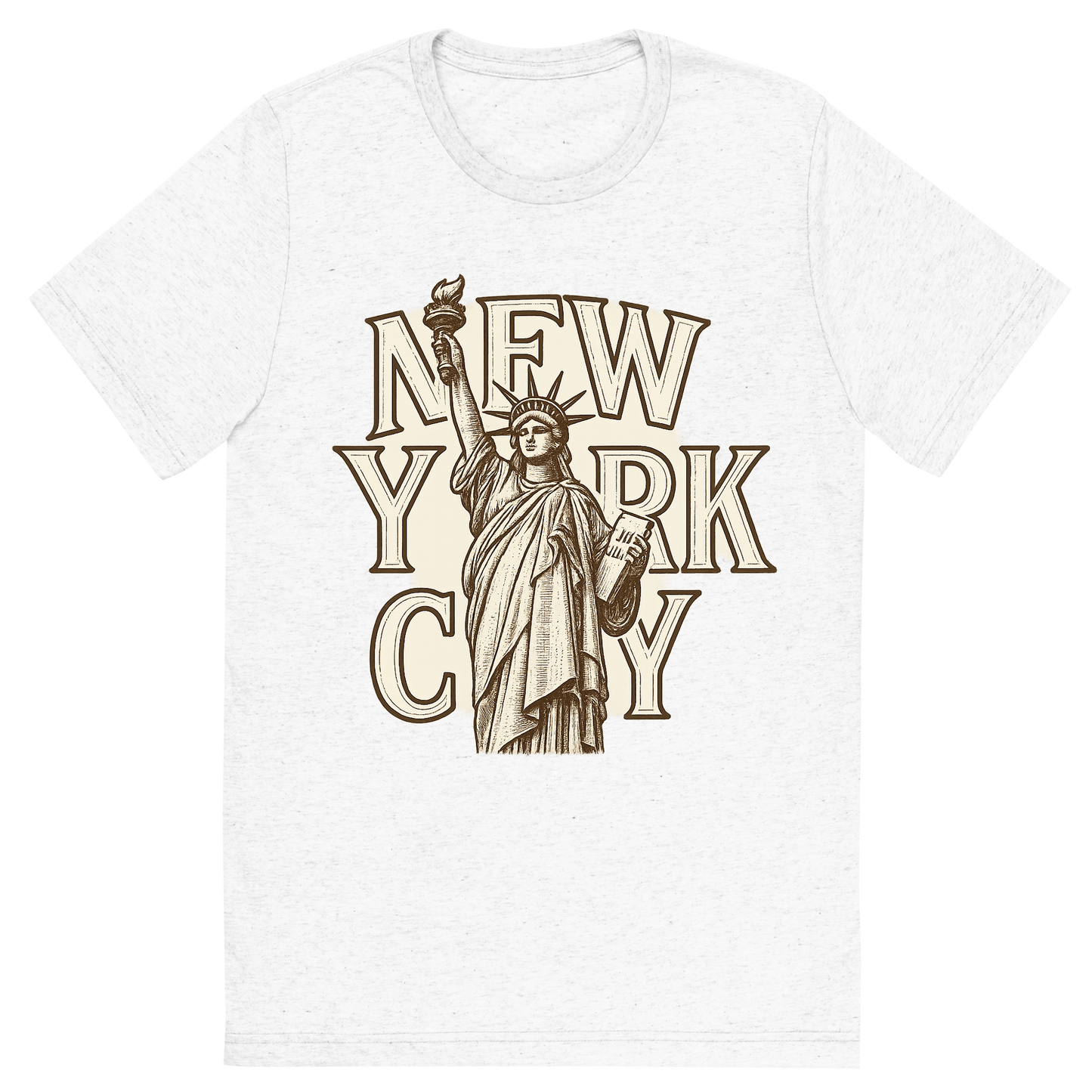 Front view of a Premium Tri-Blend Crew Neck T-Shirt in Solid White showing 'A typographic, nostalgic graphic of a typographic illustration of the words 'new york city' with a vintage line art drawing of the statue of liberty'