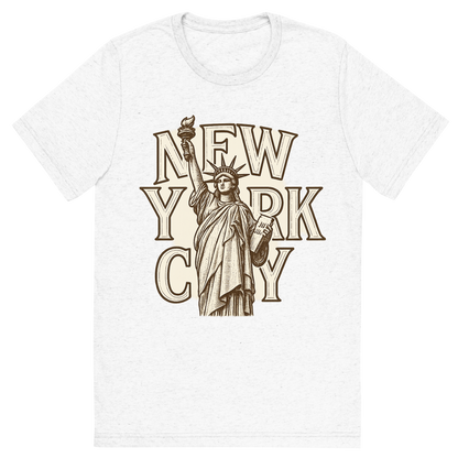 Front view of a Premium Tri-Blend Crew Neck T-Shirt in Solid White showing 'A typographic, nostalgic graphic of a typographic illustration of the words 'new york city' with a vintage line art drawing of the statue of liberty'
