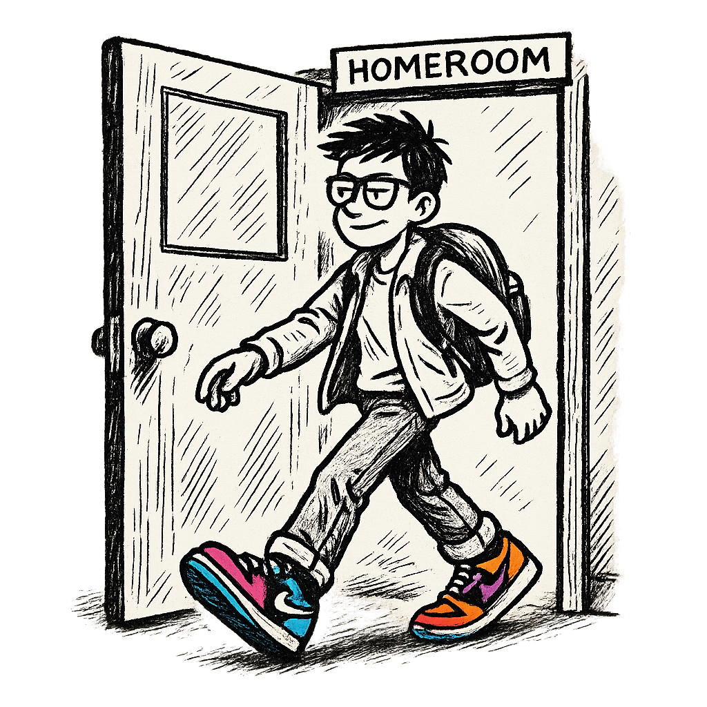 A hand-drawn ink with pop color, cool graphic of a parody ink design featuring a student walking out of a homeroom door with swagger, with bold text “straight outta homeroom” in hip-hop block style. centered composition, transparent background, pop color in the kicks. dtg optimized. - a t-shirt design
