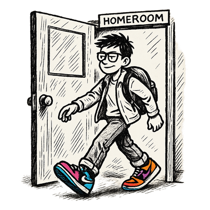 A hand-drawn ink with pop color, cool graphic of a parody ink design featuring a student walking out of a homeroom door with swagger, with bold text “straight outta homeroom” in hip-hop block style. centered composition, transparent background, pop color in the kicks. dtg optimized. - a t-shirt design