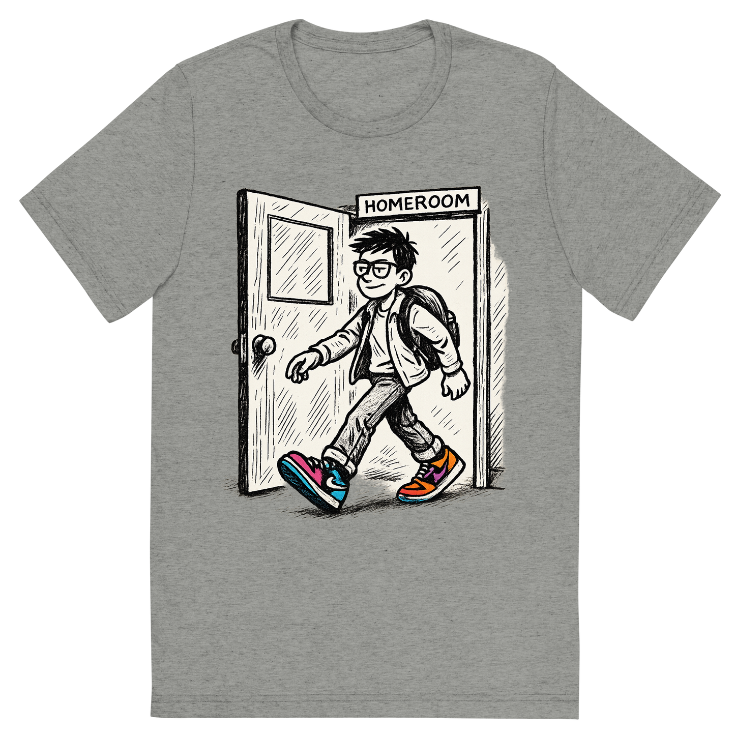 Front view of a Premium Tri-Blend Crew Neck T-Shirt in Athletic Grey showing 'A hand-drawn ink with pop color, cool graphic of a parody ink design featuring a student walking out of a homeroom door with swagger, with bold text “straight outta homeroom” in hip-hop block style. centered composition, transparent background, pop color in the kicks. dtg optimized.'