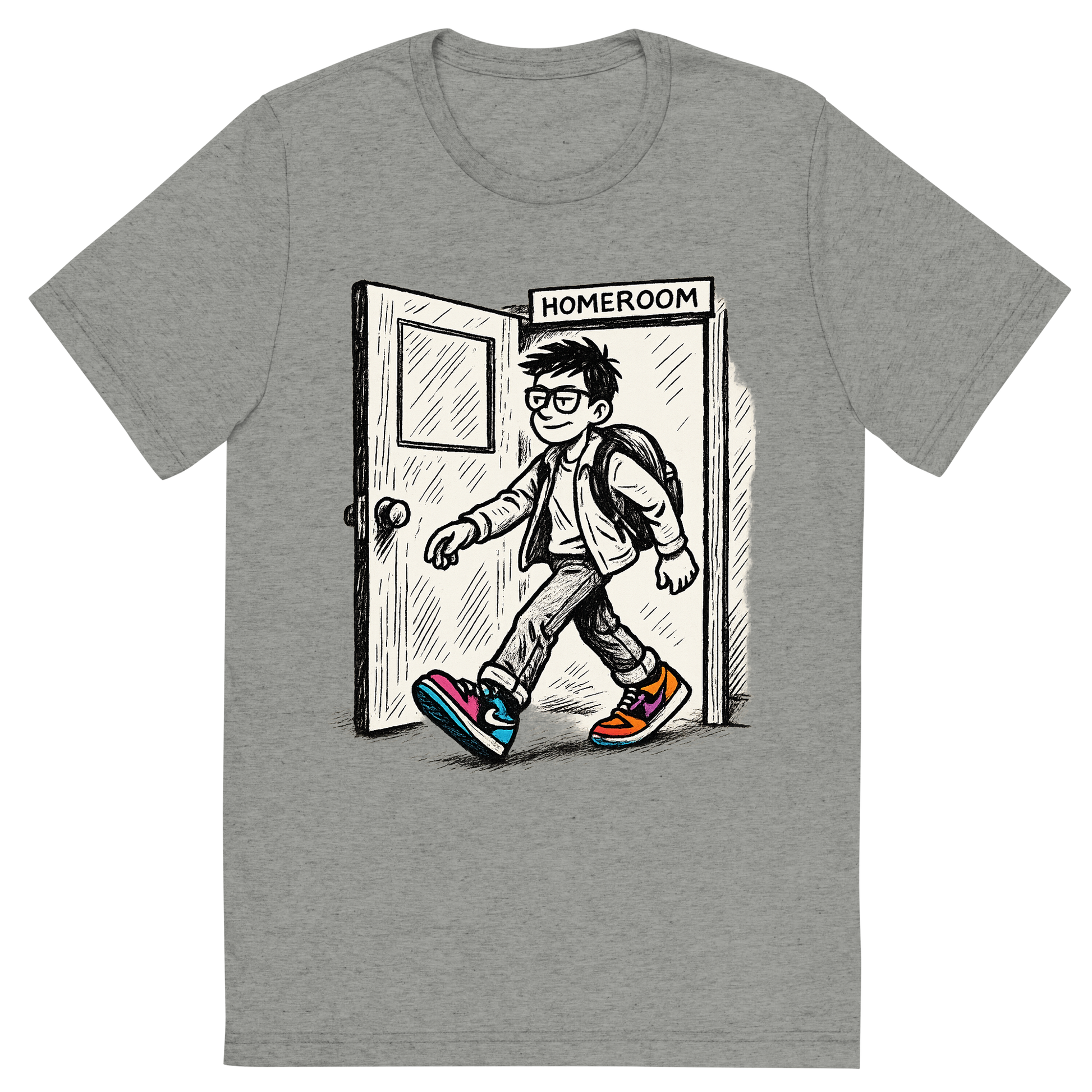 Front view of a Premium Tri-Blend Crew Neck T-Shirt in Athletic Grey showing 'A hand-drawn ink with pop color, cool graphic of a parody ink design featuring a student walking out of a homeroom door with swagger, with bold text “straight outta homeroom” in hip-hop block style. centered composition, transparent background, pop color in the kicks. dtg optimized.'