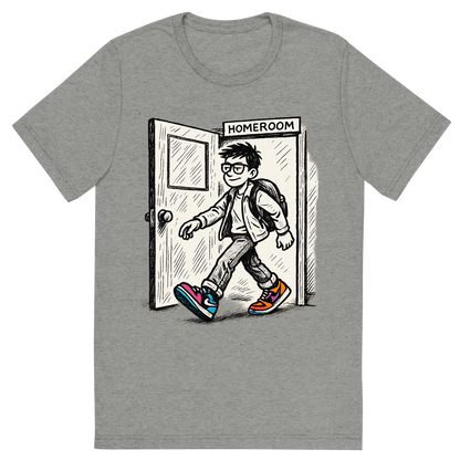Front view of a Premium Tri-Blend Crew Neck T-Shirt in Athletic Grey showing 'A hand-drawn ink with pop color, cool graphic of a parody ink design featuring a student walking out of a homeroom door with swagger, with bold text “straight outta homeroom” in hip-hop block style. centered composition, transparent background, pop color in the kicks. dtg optimized.'