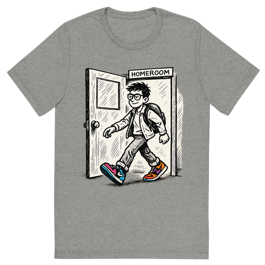 Front view of a Premium Tri-Blend Crew Neck T-Shirt in Athletic Grey showing 'A hand-drawn ink with pop color, cool graphic of a parody ink design featuring a student walking out of a homeroom door with swagger, with bold text “straight outta homeroom” in hip-hop block style. centered composition, transparent background, pop color in the kicks. dtg optimized.'
